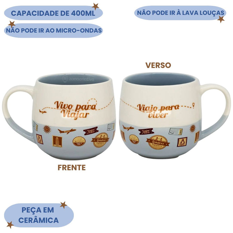Caneca Maggie Frase Vivo Pra Viajar Café Chá Leite Cerâmica 400ML Presente Megalomania