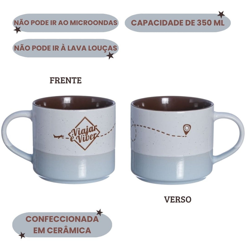 Caneca Cerâmica 450 ml Frase Viajar é Viver Café Chá Leite Presente Viagem Sonhos Megalomania