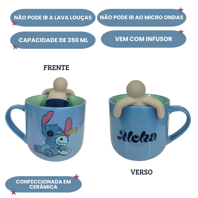 Caneca Stitch Com Infusor 350ml Cerâmica Chá Café Leite Presente Disney Azul Megalomania