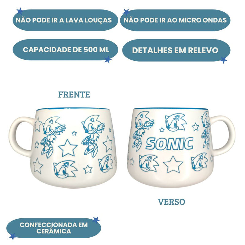 Caneca de Cerâmica Sonic The Hedgehog Branca 3D 500ML Sega Game Nintendo Café Leite Sopa Presente Megalomania