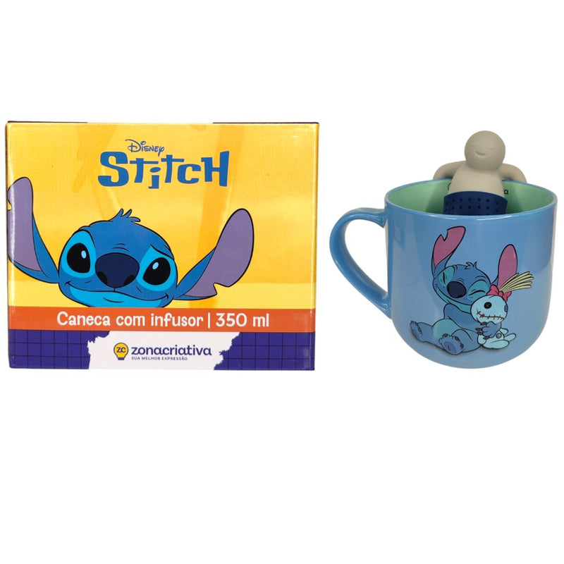 Caneca Stitch Com Infusor 350ml Cerâmica Chá Café Leite Presente Disney Azul Megalomania