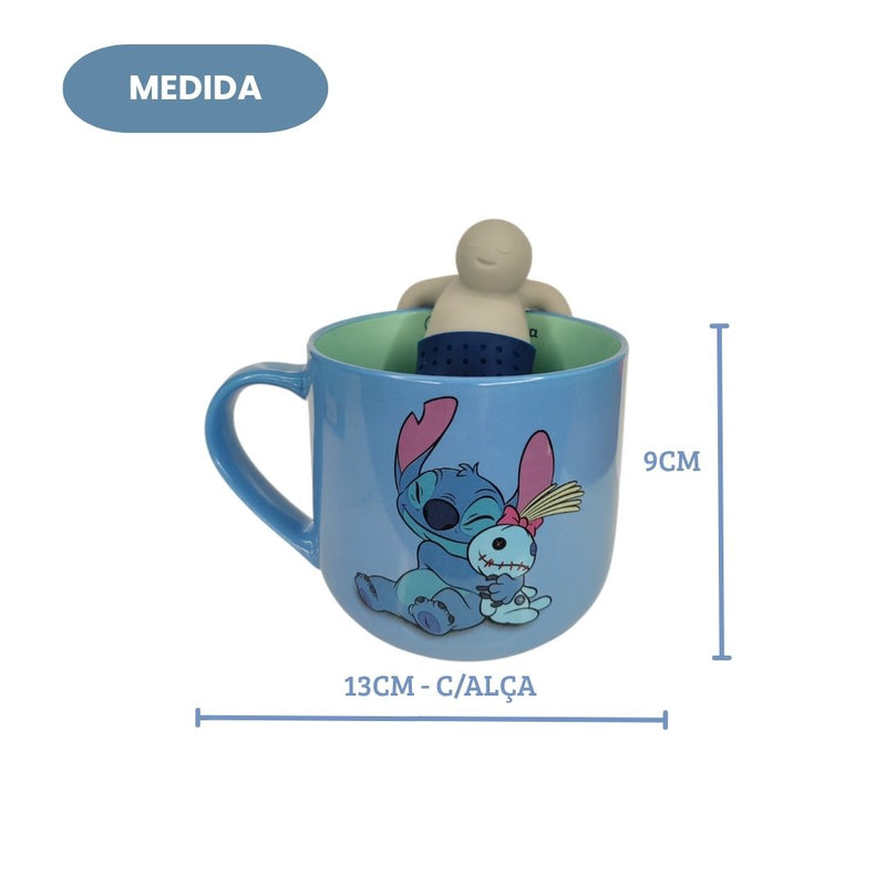 Caneca Stitch Com Infusor 350ml Cerâmica Chá Café Leite Presente Disney Azul Megalomania