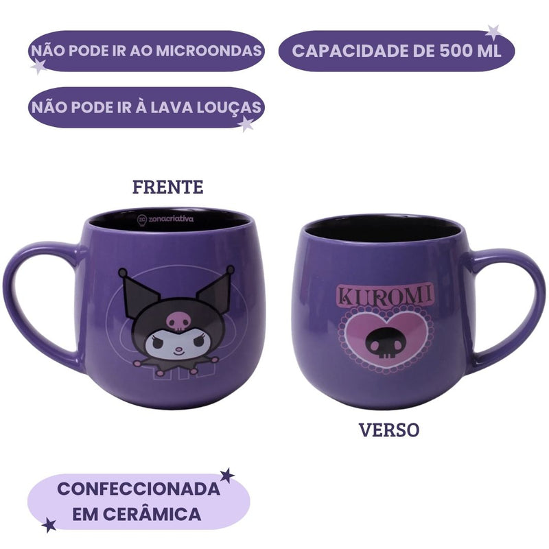 Caneca Cerâmica Maggie Kuromi Coração 400ml Café Chá Leite Sanrio My Melody Presente Megalomania