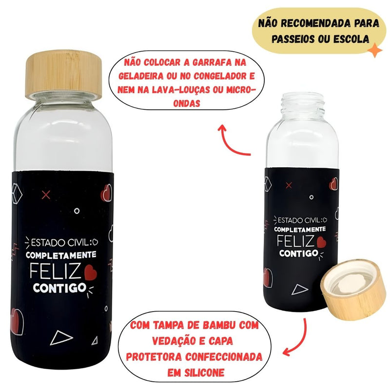 Garrafa dia dos Namorados Vidro Rosca Bambu Amor Paixão Megalomania