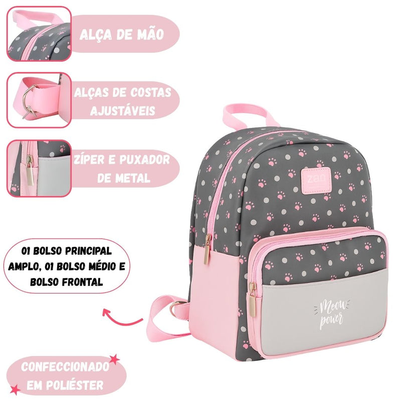 Mini Mochila Meow Power Bolsa Juvenil Menina Passeio Estilosa Compacta Moderna Leve