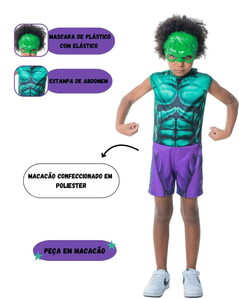 Fantasia Menino Hulk Herói Com Máscara Verde Curta Verão Carnaval Dia Das Crianças Presente Megalomania