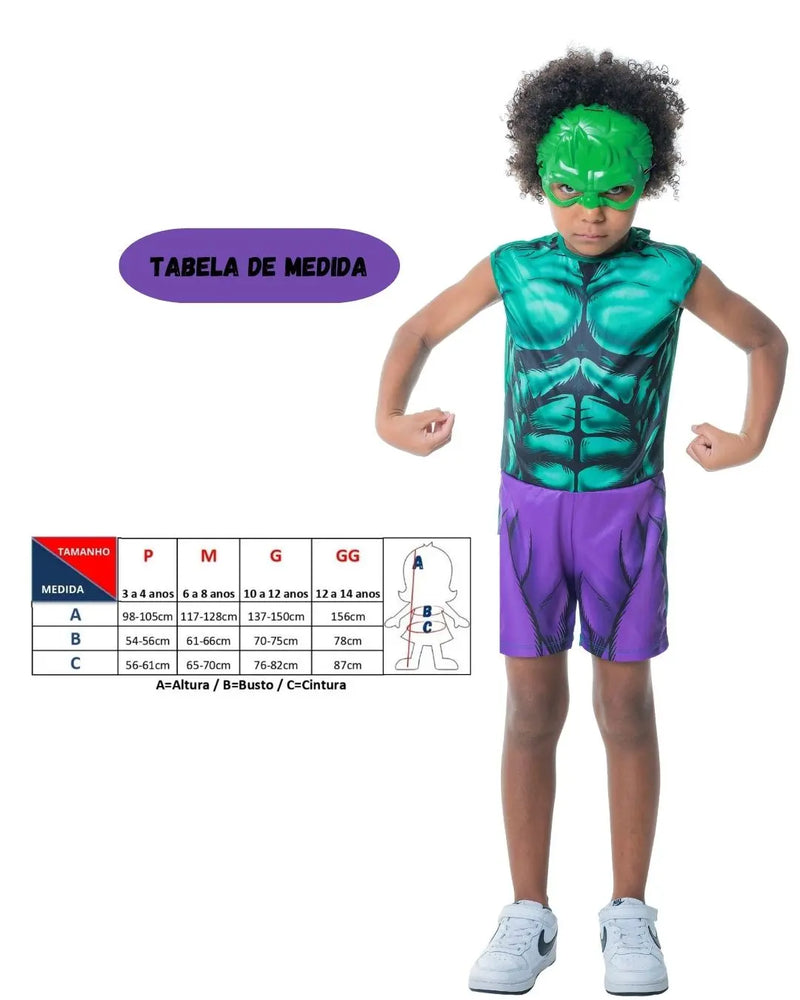 Fantasia Menino Hulk Herói Com Máscara Verde Curta Verão Carnaval Dia Das Crianças Presente Megalomania
