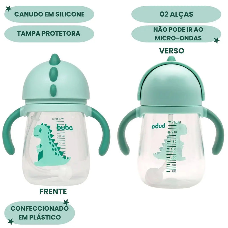 Copo Bebê Infantil Dino Alça Removível Canudo Silicone Buba Megalomania