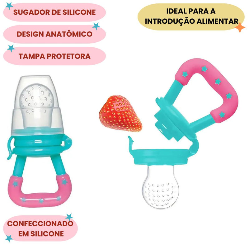 Porta Frutinhas Rosa Com Sugador de Silicone Chupeta de Alimentação Bebê Infantil Maternidade Buba