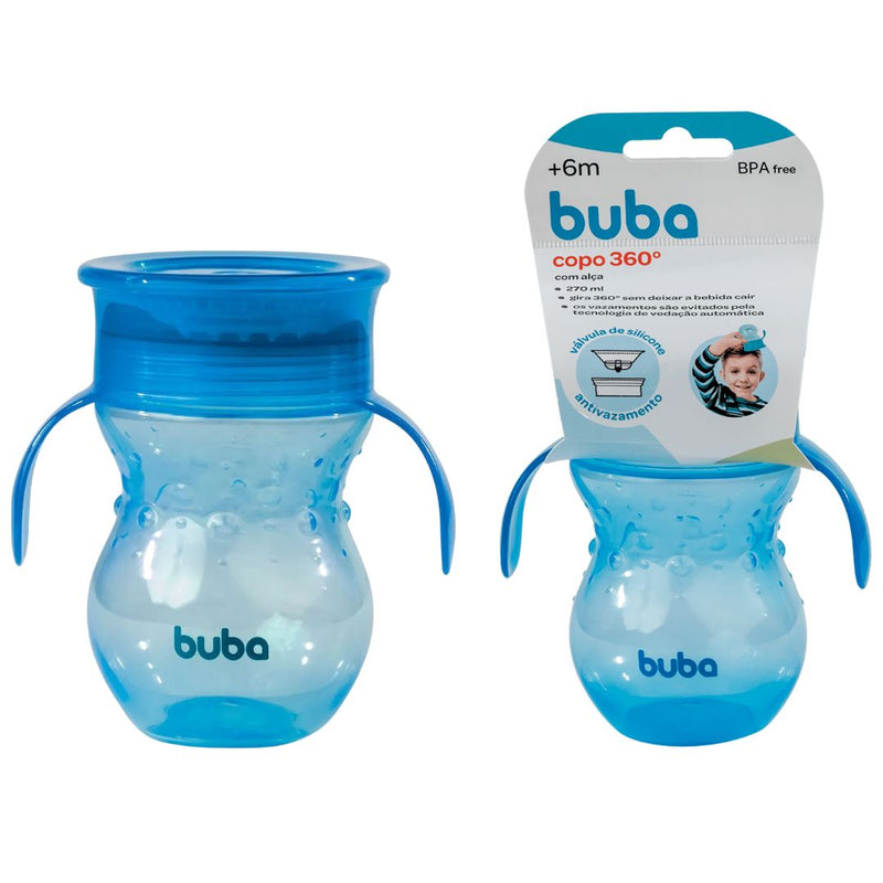 Copo de Treinamento 360° com Alça Azul Bebê Antivazamento Infantil Criança Maternidade Buba