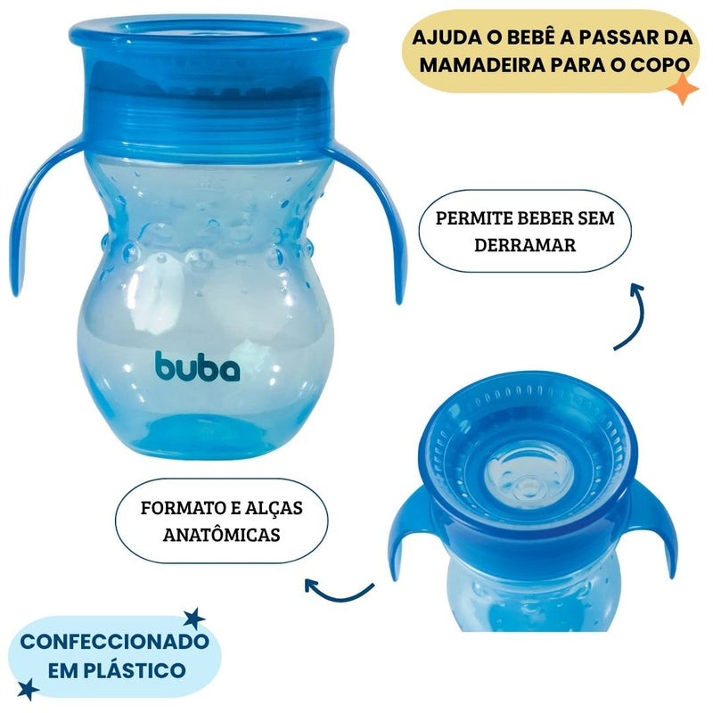 Copo de Treinamento 360° com Alça Azul Bebê Antivazamento Infantil Criança Maternidade Buba