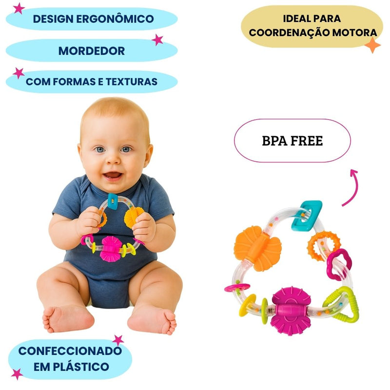 Chocalho de Atividades Bebê Brinquedo Infantil Sensorial Mordedor Textura Formas Buba Megalomania