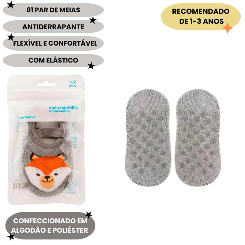 Meia Sapatilha Antiderrapante Raposa Infantil Buba Bebê Elástico Menino Confortável Quentinho