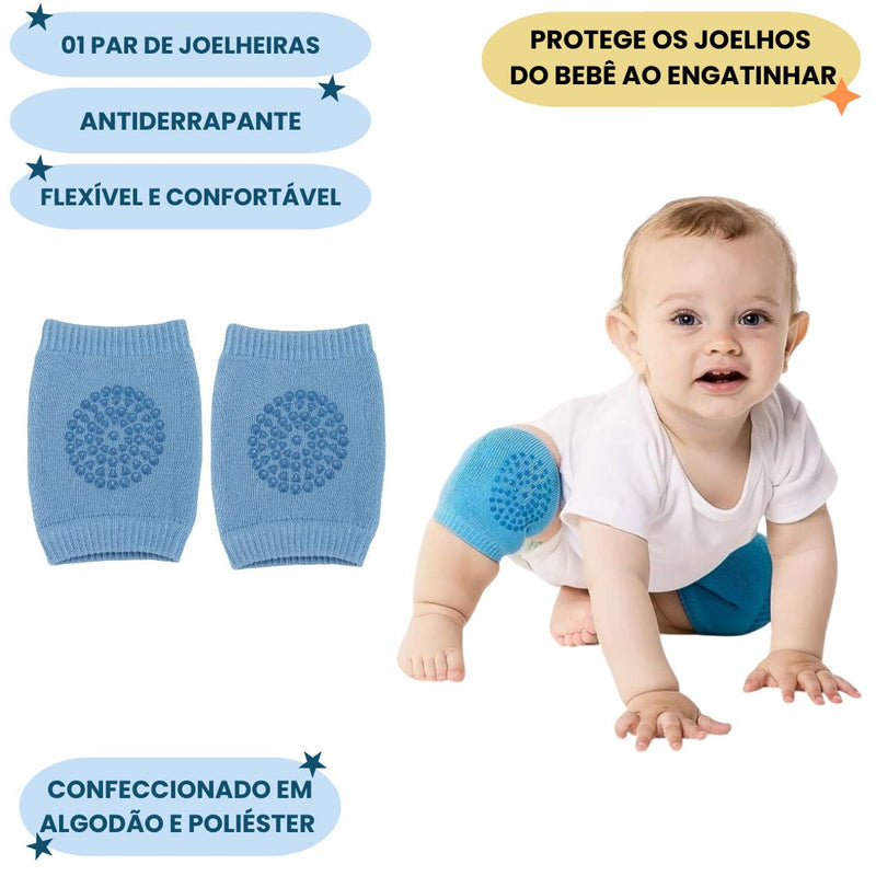 Joelheira Antiderrapante Azul Bebê Engatinhar Segurança Conforto Proteção Joelho Buba