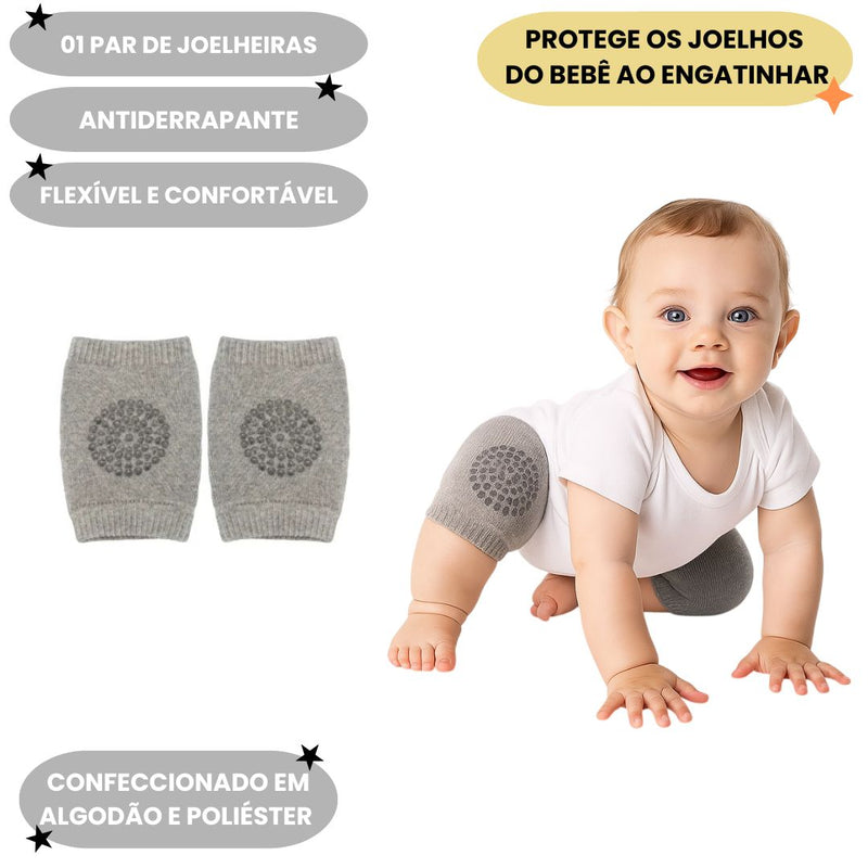 Joelheira Antiderrapante Cinza Bebê Engatinhar Segurança Conforto Proteção Joelho Buba Megalomania