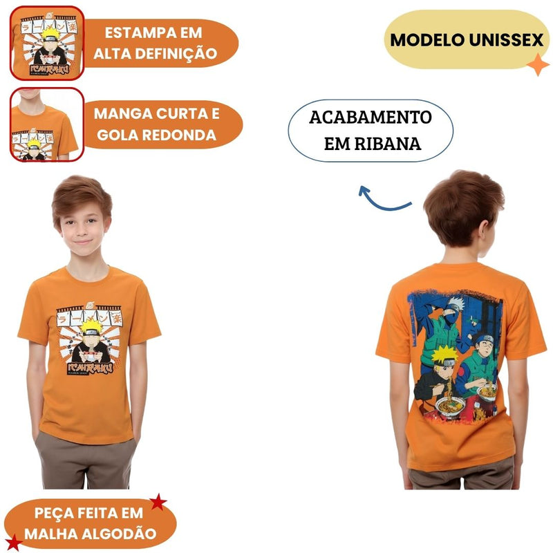Camiseta Infantil Masculina Naruto Ichiraku Laranja Piticas Anime Mangá Menino