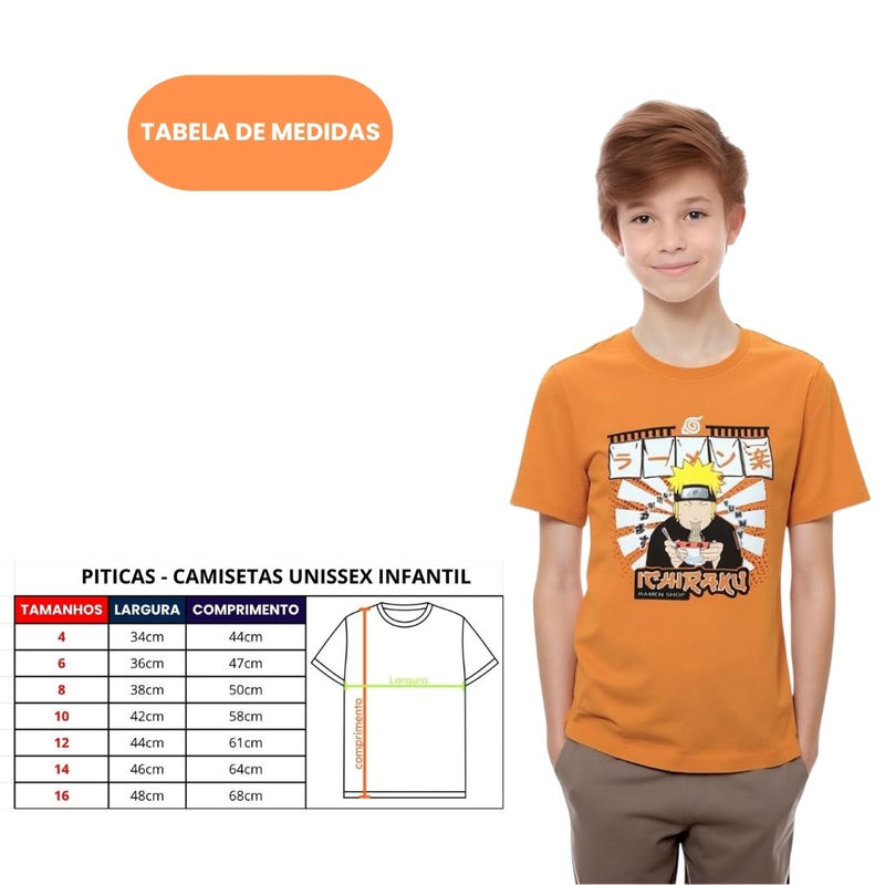 Camiseta Infantil Masculina Naruto Ichiraku Laranja Piticas Anime Mangá Menino