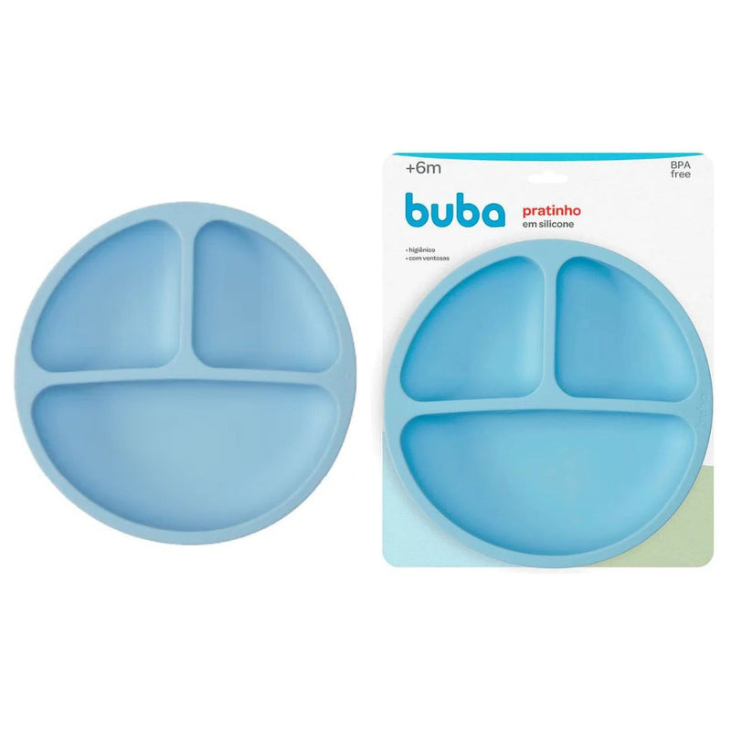 Pratinho em Silicone Com Ventosas Infantil Azul Divisórias Introdução Alimentar Bebê Criança Buba Megalomania