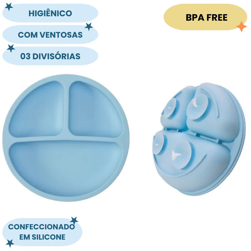 Pratinho em Silicone Com Ventosas Infantil Azul Divisórias Introdução Alimentar Bebê Criança Buba Megalomania