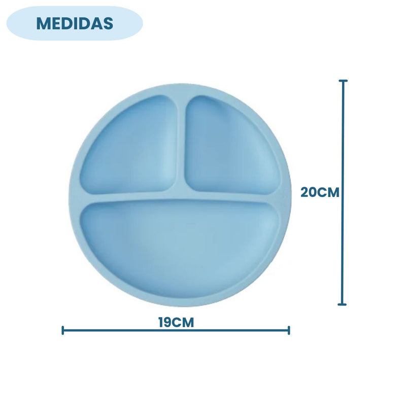 Pratinho em Silicone Com Ventosas Infantil Azul Divisórias Introdução Alimentar Bebê Criança Buba Megalomania