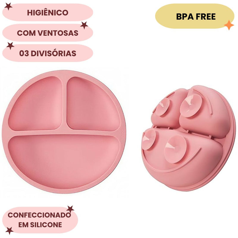 Pratinho em Silicone Com Ventosas Infantil Rosa Divisórias Introdução Alimentar Bebê Criança Buba