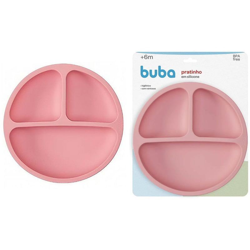 Pratinho em Silicone Com Ventosas Infantil Rosa Divisórias Introdução Alimentar Bebê Criança Buba