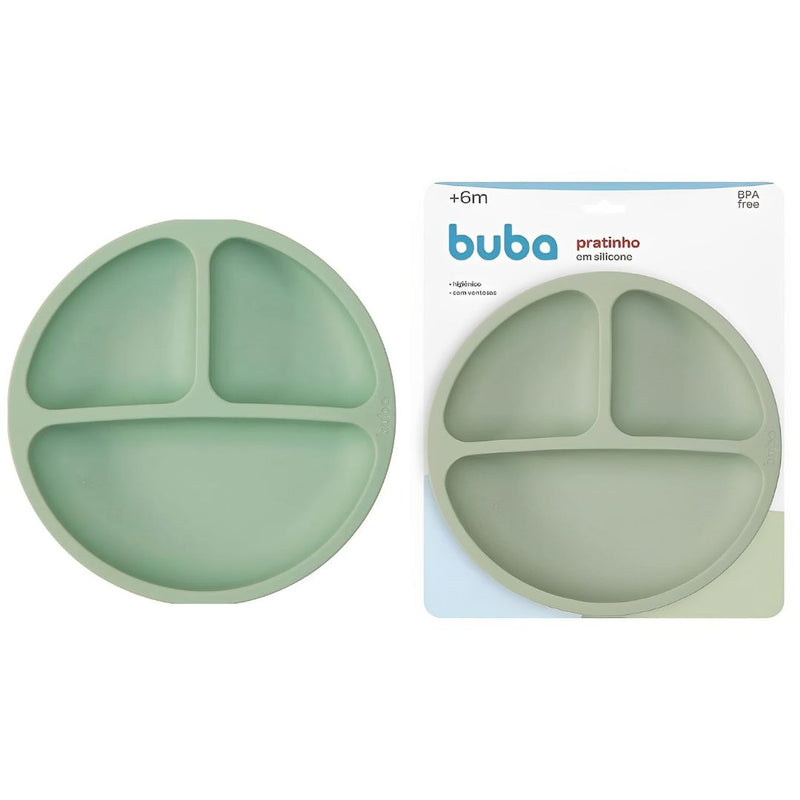 Pratinho em Silicone Com Ventosas Infantil Verde Divisórias Introdução Alimentar Bebê Criança Buba