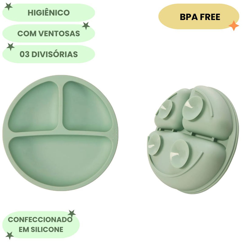 Pratinho em Silicone Com Ventosas Infantil Verde Divisórias Introdução Alimentar Bebê Criança Buba