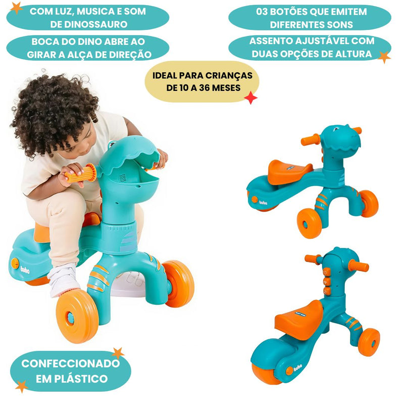Triciclo Infantil Baby Dino Andador Som Led Equilíbrio Som Brincadeira Primeiros Passos Criança Megalomania