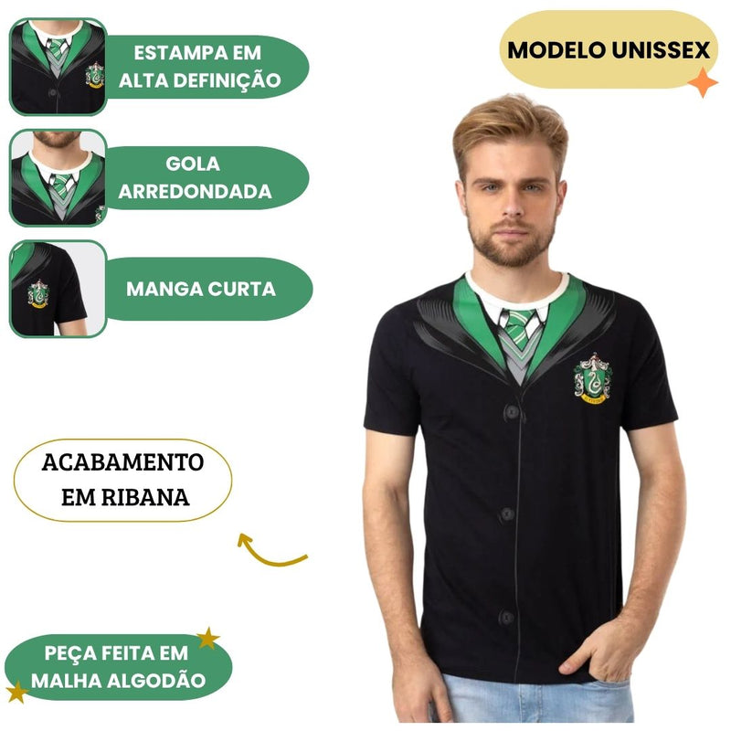 Camiseta Unissex Harry Potter Capa Sonserina Adulto Verde Magia Bruxo Nerd Geek Saga