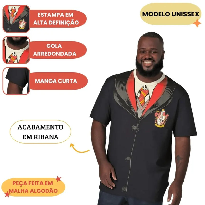 Camiseta Unissex Adulto Harry Potter Capa Grifinoria Preto Geek Nerd Saga Bruxo Magia