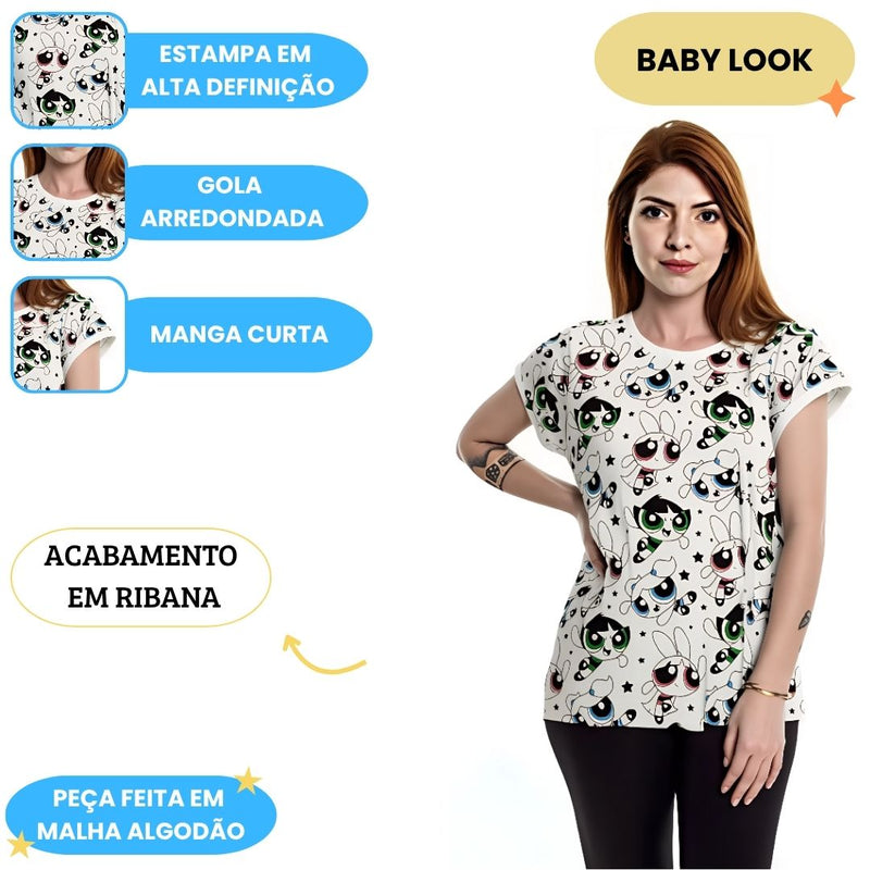 Camiseta Baby Look Meninas Super Poderosas Pattern Adulto Presente Passeio Cartoon Feminina