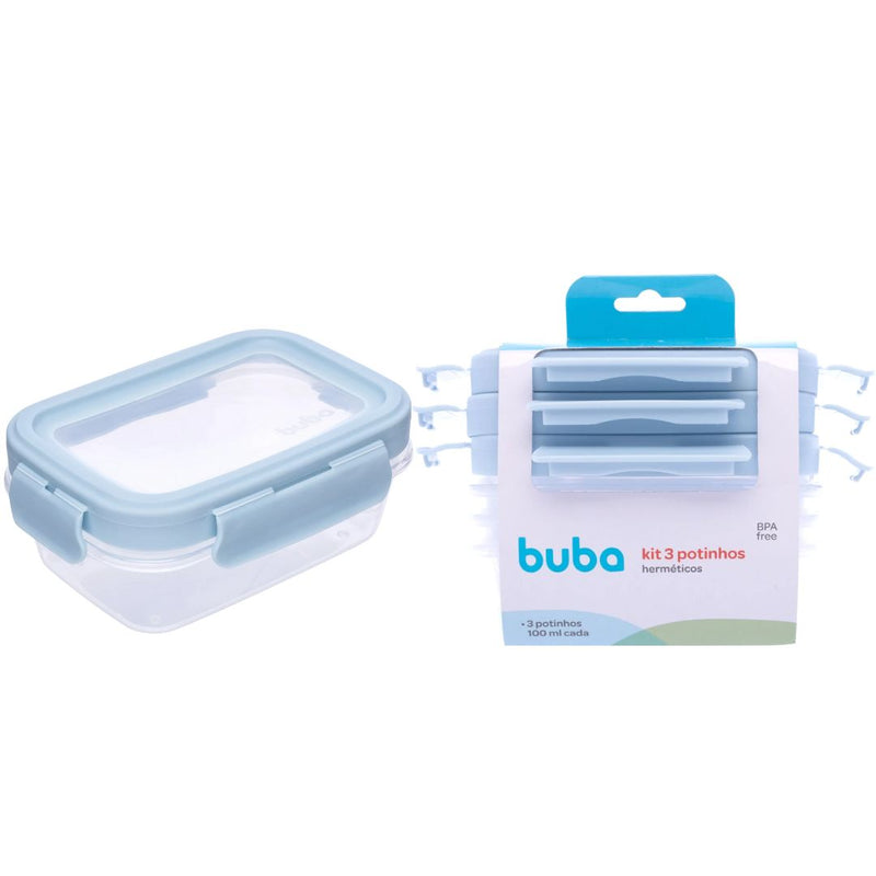 Kit 3 Potinhos Hermético Azul Bebê Papinha Alimentos Buba Organização Maternidade Frutas