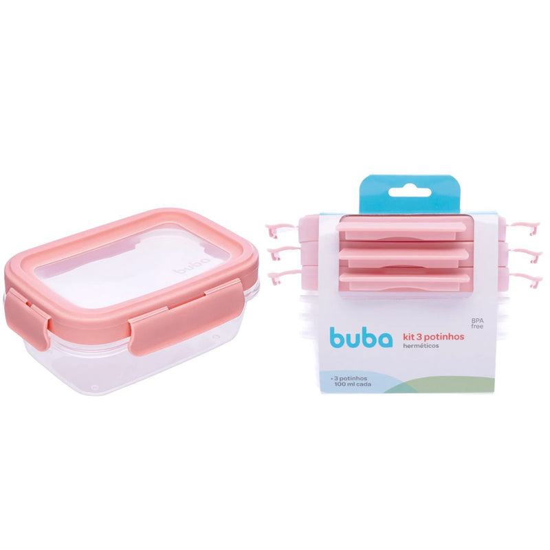 Kit 3 Potinhos Hermético Rosa Bebê Papinha Alimentos Buba Organização Maternidade Frutas