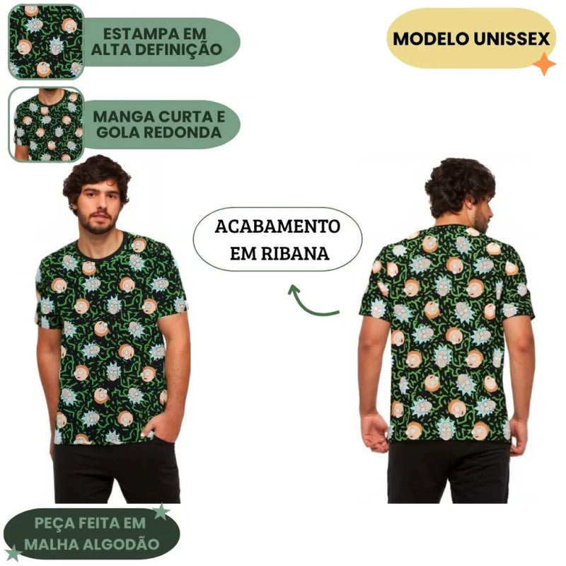 Camiseta Unissex Adulto Rick And Morty Faces Desenho Animado Geek