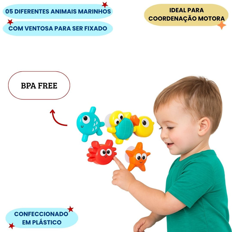 Kit Brinquedo Bichinhos Com Ventosa Amigos Marinhos Banho Diversão Bebê Criança Infantil Megalomania