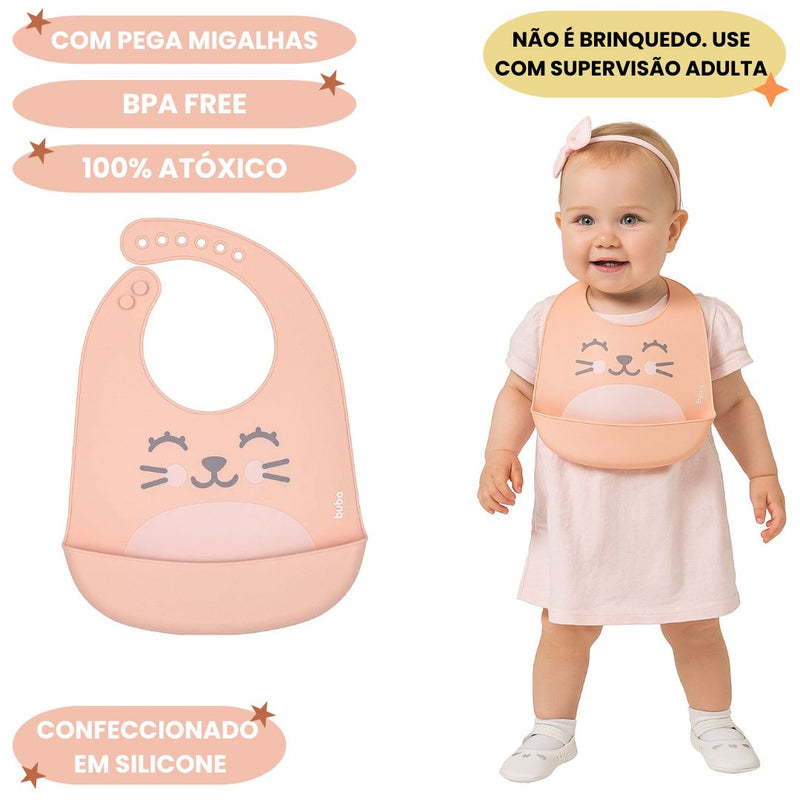 Babador em Silicone Gumy Com Pega Migalhas Cor Pêssego Lavável Bebê Alimentação Maternidade Buba Megalomania