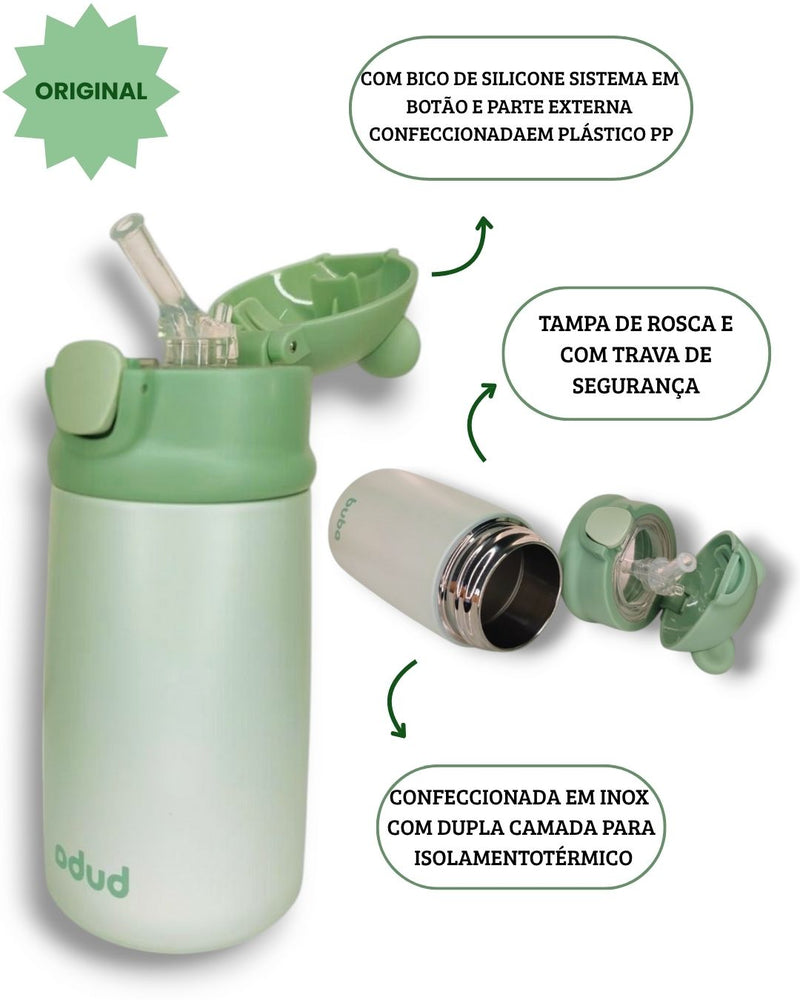 Copo Térmico Parede Dupla Aço Inoxidável Ursinho Verde Bebê Passeio Prático Buba Megalomania