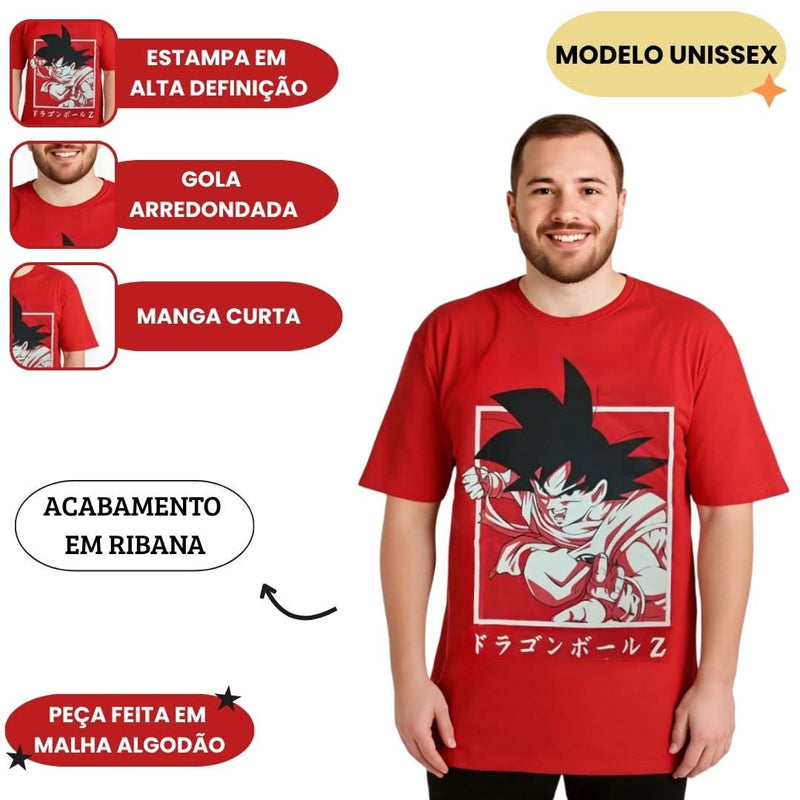 Camiseta Unissex Adulto Anime Dragon Ball Z Goku Kanji Mangá Geek Megalomania