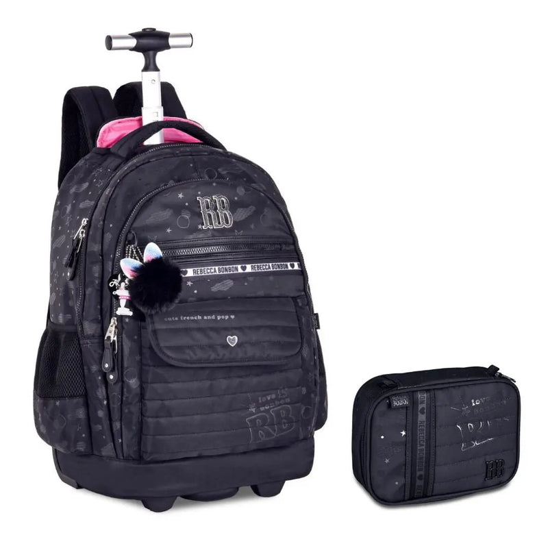 Kit Mochila Carrinho Holográfica Rebecca Bonbon Estojo Box Preto Juvenil Escolar Meninas Feminino Clio Megalomania