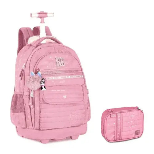 Kit Mochila Carrinho Holográfica Rebecca Bonbon Rosa Claro Estojo Box Holográfico Meninas Juvenil Escolar Clio Megalomania