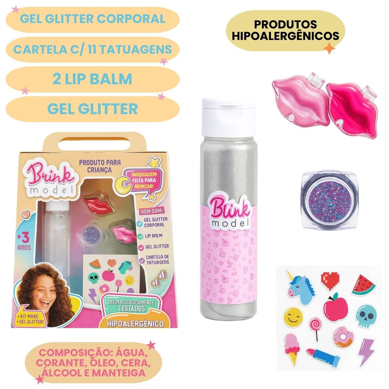 Kit Beauty Fashion Make Gel Glitter Infantil Maquiagem Lip balm Dia Das Crianças 11 Tatuagens