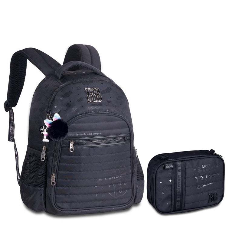 Kit Mochila Costas Rebecca Bonbon Holográfica Preto Estojo Box Juvenil Feminino Meninas Escolar Clio