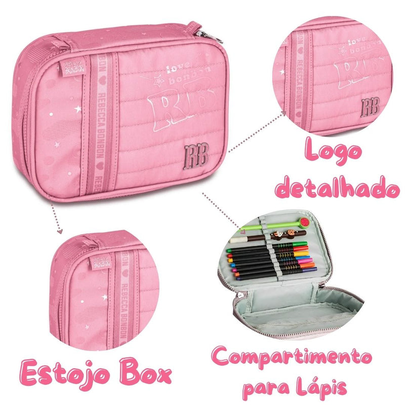 Estojo Box Holográfico Rebecca Bonbon Preto Lilás Rosa Escolar Juvenil Meninas Clio