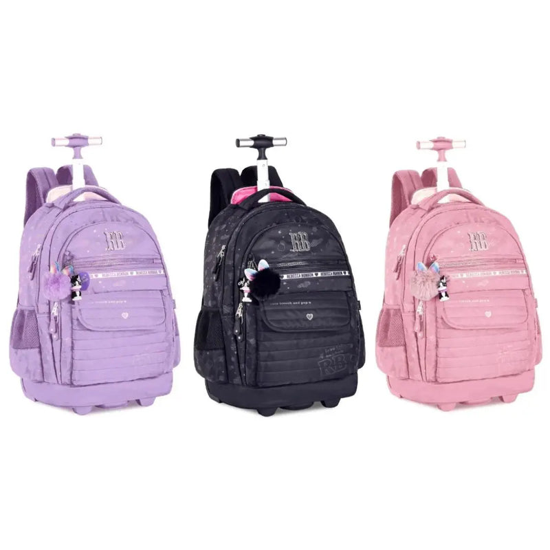 Mochila Carrinho Rebecca Bonbon Holografica Preto Lilás Rosa Claro Juvenil Escolar Meninas Clio Megalomania