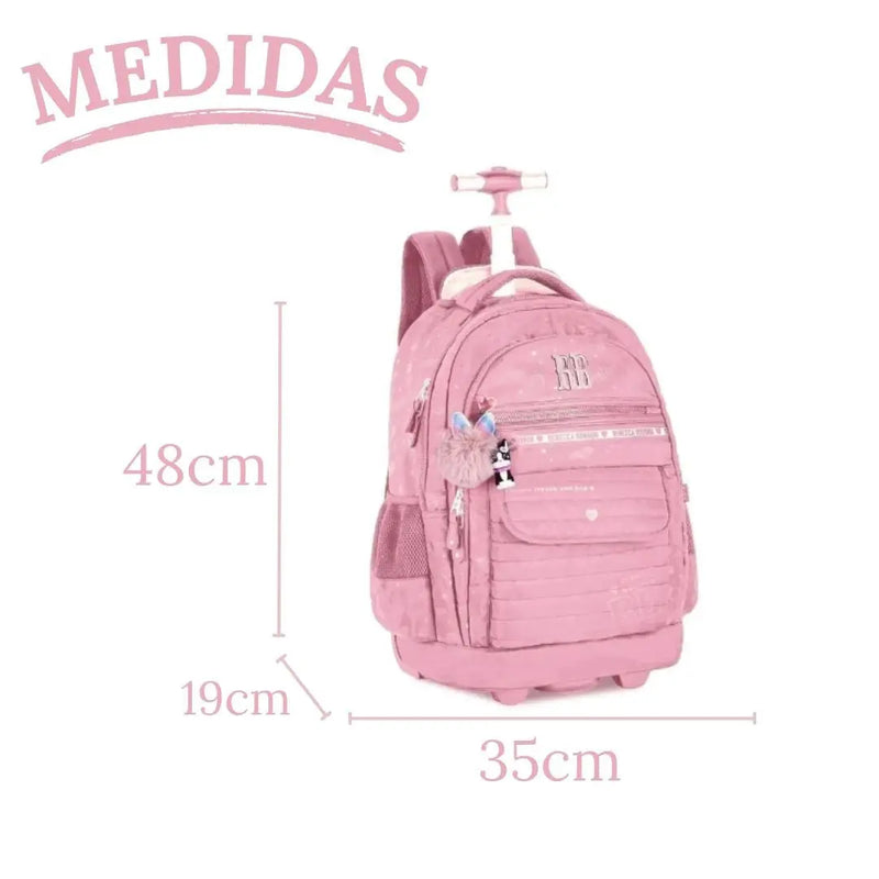 Kit Mochila Carrinho Holográfica Rebecca Bonbon Rosa Claro Estojo Box Holográfico Meninas Juvenil Escolar Clio Megalomania