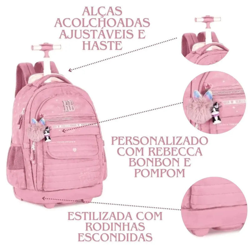 Mochila Carrinho Rebecca Bonbon Holografica Preto Lilás Rosa Claro Juvenil Escolar Meninas Clio Megalomania