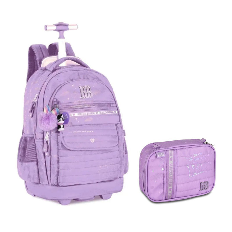 Kit Mochila Carrinho Holográfica Rebecca Bonbon Lilás Estojo Box Juvenil Escolar Feminino Meninas Clio
