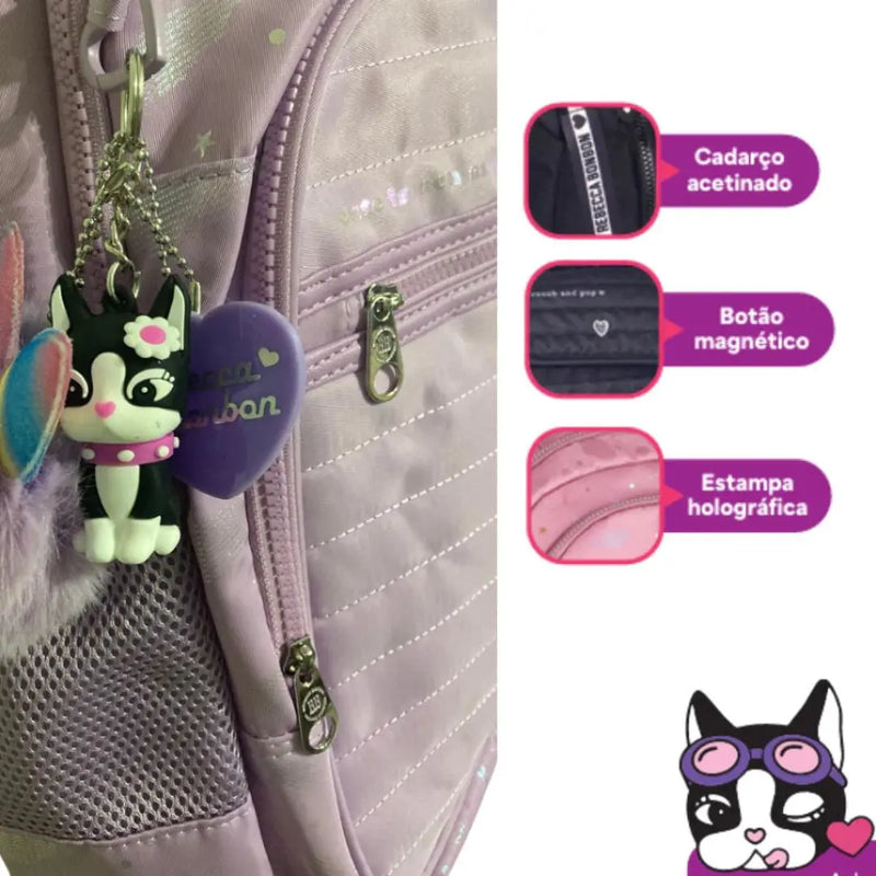 Kit Mochila Costas Rebecca Bonbon Holográfica Lilás Estojo Box Juvenil Feminino Meninas Escolar Clio Megalomania