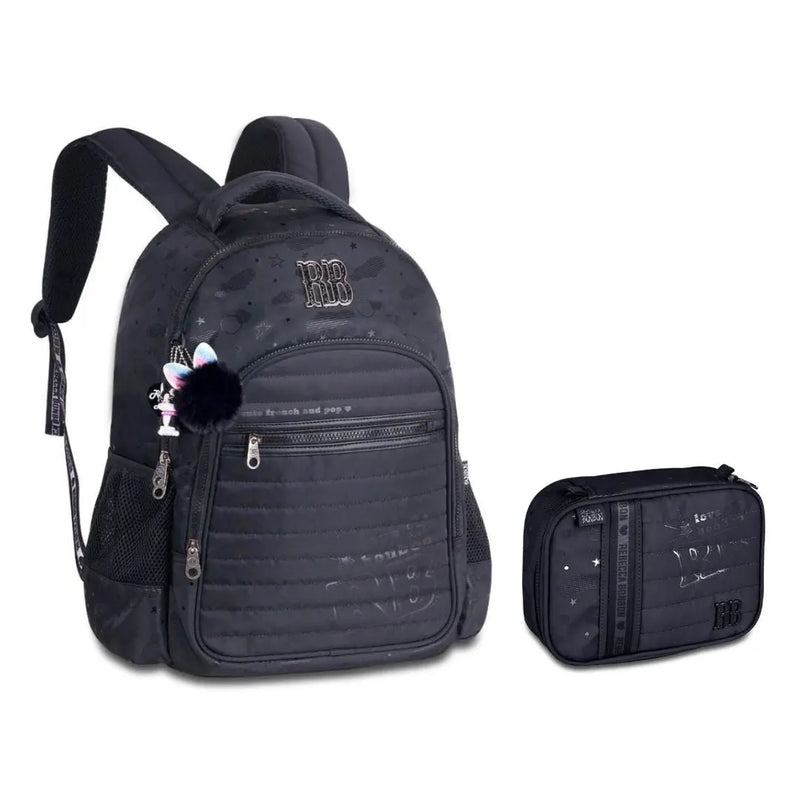 Kit Mochila Costas Rebecca Bonbon Holográfica Preto Estojo Box Juvenil Meninas Escolar Clio Megalomania